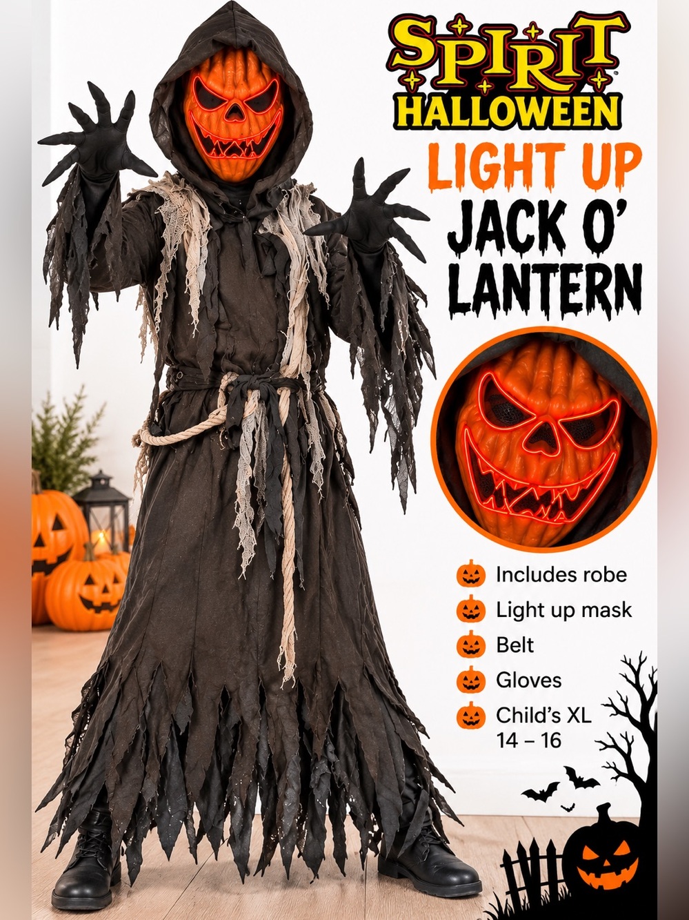🎃 Spirit Halloween Light Up Jack O’ Lantern Costume Kids XL 14-16